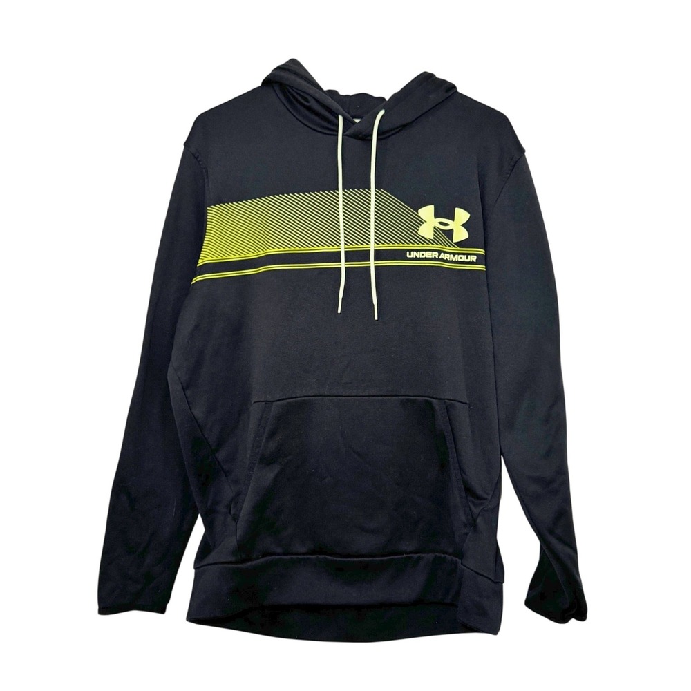 Under Armour ColdGear Hoodie Mens Large Black Neon Yellow Graphic Pullover Loose